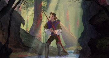 Movie still from “The Swan Princess” (1994), directed by Richard Rich – A painting of a man holding a bow and arrow in the woods; Wide shot, Low angle