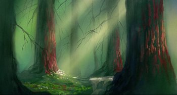 Movie still from “The Swan Princess” (1994), directed by Richard Rich – An oil painting of trees in the forest; Extreme Wide shot, Low angle