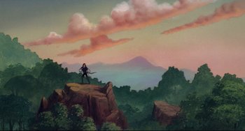 Movie still from “The Swan Princess” (1994), directed by Richard Rich – A painting of a man standing on top of a mountain; Extreme Wide shot, Overhead angle