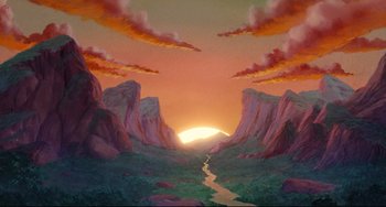 Movie still from “The Swan Princess” (1994), directed by Richard Rich – A painting of a sunset in the mountains with a river running through it; Extreme Wide shot, High angle
