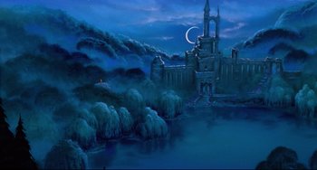 Movie still from “The Swan Princess” (1994), directed by Richard Rich – An oil painting of a castle in the middle of the night; Extreme Wide shot, High angle
