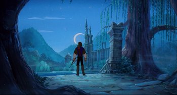 Movie still from “The Swan Princess” (1994), directed by Richard Rich – A man standing in front of an old castle at night; Wide shot, High angle