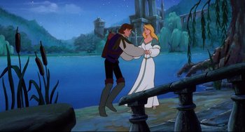 Movie still from “The Swan Princess” (1994), directed by Richard Rich – A scene from the animated movie sleeping beauty; Wide shot, Low angle