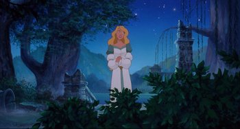 Movie still from “The Swan Princess” (1994), directed by Richard Rich – A painting of a woman standing in the middle of a forest; Wide shot, Over the shoulder angle
