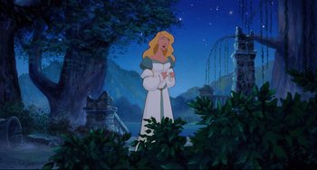 Movie still from “The Swan Princess” (1994), directed by Richard Rich – A painting of a woman standing in a forest; Wide shot, Low angle