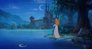 Movie still from “The Swan Princess” (1994), directed by Richard Rich – A painting of a princess standing in front of a castle; Extreme Wide shot, Over the shoulder angle