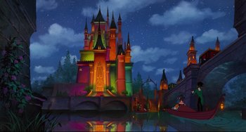 Movie still from “The Swan Princess” (1994), directed by Richard Rich – A painting of a castle in the middle of the night; Extreme Wide shot, Low angle