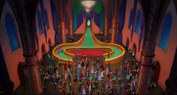 Movie still from “The Swan Princess” (1994), directed by Richard Rich – An audience is gathered in the middle of a stage; Extreme Wide shot, High angle