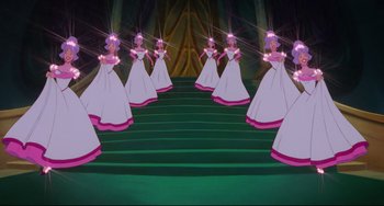 Movie still from “The Swan Princess” (1994), directed by Richard Rich – A group of women dressed in white and pink dresses; Wide shot, Low angle