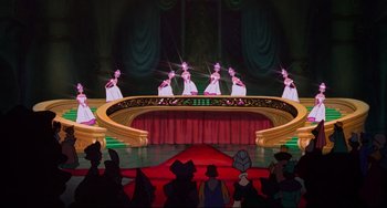 Movie still from “The Swan Princess” (1994), directed by Richard Rich – A group of people standing in front of a stage; Wide shot, Low angle