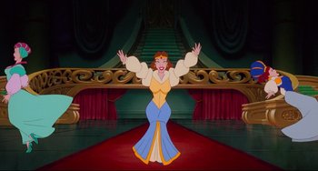 Movie still from “The Swan Princess” (1994), directed by Richard Rich – A woman is standing on a red carpet in front of a staircase; Wide shot, Low angle