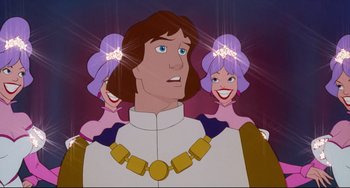 Movie still from “The Swan Princess” (1994), directed by Richard Rich – A man and two women are standing next to him; Close Up shot, Low angle