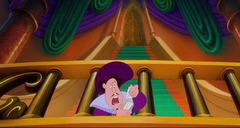 Movie still from “The Swan Princess” (1994), directed by Richard Rich – A man in a purple hat is holding a paper; Medium shot, Low angle