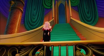 Movie still from “The Swan Princess” (1994), directed by Richard Rich – A woman in a black dress sitting on a green staircase; Wide shot, High angle
