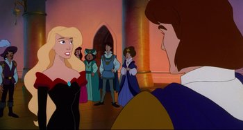 Movie still from “The Swan Princess” (1994), directed by Richard Rich – A group of people standing in front of each other in a room; Medium shot, Over the shoulder angle