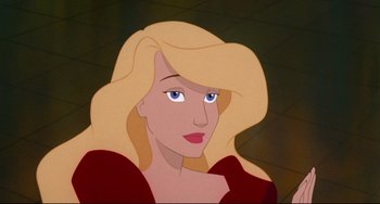 Movie still from “The Swan Princess” (1994), directed by Richard Rich – A woman with blonde hair and blue eyes; Close Up shot, Over the shoulder angle