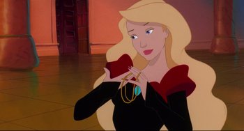 Movie still from “The Swan Princess” (1994), directed by Richard Rich – A woman in a black and red dress holding a necklace; Medium shot, Over the shoulder angle