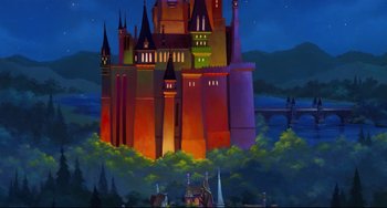 Movie still from “The Swan Princess” (1994), directed by Richard Rich – A painting of a castle in the middle of the night; Extreme Wide shot, Low angle