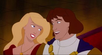 Movie still from “The Swan Princess” (1994), directed by Richard Rich – A man and a woman smiling for the camera; Close Up shot, Over the shoulder angle
