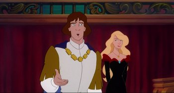 Movie still from “The Swan Princess” (1994), directed by Richard Rich – A man and a woman standing next to each other in front of a curtain; Medium shot, Over the shoulder angle