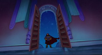 Movie still from “The Swan Princess” (1994), directed by Richard Rich – A man standing in front of an open door; Wide shot, Low angle