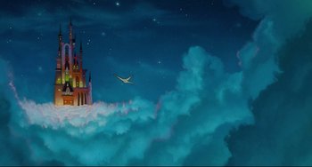 Movie still from “The Swan Princess” (1994), directed by Richard Rich – An airplane flying over a castle in the sky; Extreme Wide shot, Low angle