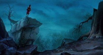 Movie still from “The Swan Princess” (1994), directed by Richard Rich – A person standing on top of a cliff looking up at the sky; Extreme Wide shot, Low angle