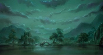 Movie still from “The Swan Princess” (1994), directed by Richard Rich – An oil painting of a lake with a bridge in the middle of it; Extreme Wide shot, High angle