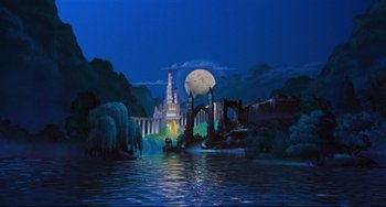 Movie still from “The Swan Princess” (1994), directed by Richard Rich – A painting of a castle on a lake at night with a full moon in the background; Extreme Wide shot, Low angle