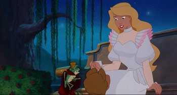 Movie still from “The Swan Princess” (1994), directed by Richard Rich – The frog is sitting next to a woman in a white dress; Medium shot, Over the shoulder angle