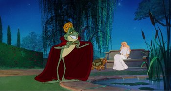 Movie still from “The Swan Princess” (1994), directed by Richard Rich – A frog sitting on top of a bench next to a tree; Wide shot, Over the shoulder angle