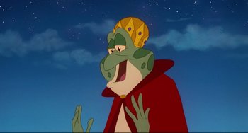 Movie still from “The Swan Princess” (1994), directed by Richard Rich – A frog wearing a red robe and a gold crown; Medium shot, Low angle