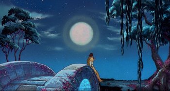 Movie still from “The Swan Princess” (1994), directed by Richard Rich – A woman sitting on a bridge in front of a full moon; Extreme Wide shot, Low angle