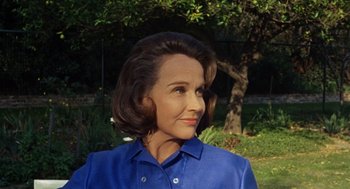 Movie still from “The Swimmer” (1968), directed by Sydney Pollack – A person wearing a blue shirt near a tree; Close Up shot, Low angle