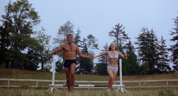 Movie still from “The Swimmer” (1968), directed by Sydney Pollack – A man and a woman holding hands while standing in front of a fence; Wide shot, Low angle
