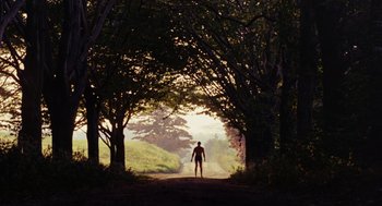 Movie still from “The Swimmer” (1968), directed by Sydney Pollack – A person is walking down a path in the woods; Extreme Wide shot, Low angle