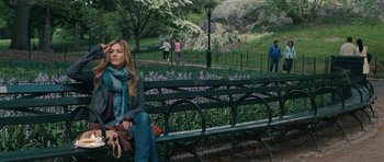 Movie still from “The Switch” (2010), directed by Josh Gordon – A woman sitting on top of a bench in a park; Medium shot, Over the shoulder angle