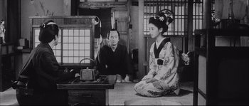 Movie still from “The Sword of Doom” (1966), directed by Kihachi Okamoto – A man and a woman sitting on the floor; Medium shot, Over the shoulder angle