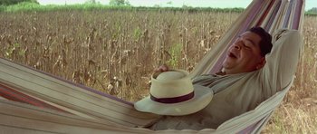 Movie still from “The Tailor of Panama” (2001), directed by John Boorman – A hat sitting on top of a hammock in front of a field of corn; Medium shot, Low angle