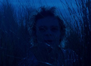 Movie still from “The Tempest” (1979), directed by Derek Jarman – A person in a field of tall grass at night; Close Up shot, Low angle