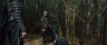 Movie still from “The Tempest” (2010), directed by Julie Taymor – Two men in medieval garb standing in the woods; Wide shot, Low angle