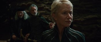 Movie still from “The Tempest” (2010), directed by Julie Taymor – A woman and a man standing next to each other; Close Up shot, Over the shoulder angle