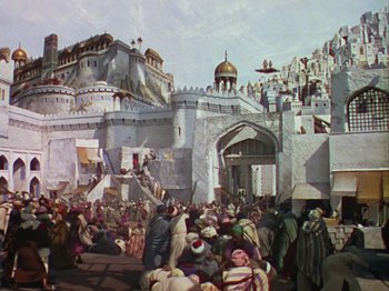 Movie still from “The Thief of Bagdad” (1940), directed by Alexander Korda – A painting of a crowd of people gathered in front of a castle; Extreme Wide shot, High angle