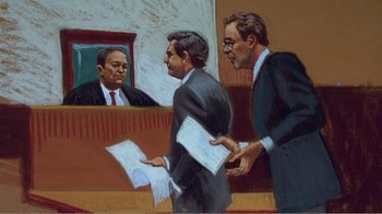 Movie still from “The Thin Blue Line” (1988), directed by Errol Morris – Three men in suits are in a courtroom with papers; Medium shot, Overhead angle