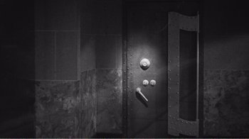 Movie still from “The Thin Blue Line” (1988), directed by Errol Morris – A black - and - white photo of a bathroom door; Wide shot, High angle