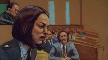 Movie still from “The Thin Blue Line” (1988), directed by Errol Morris – A drawing of a woman in a court room; Close Up shot, Overhead angle