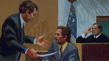 Movie still from “The Thin Blue Line” (1988), directed by Errol Morris – A painting of a man in a suit and tie holding his hands out to another man in a suit and tie; Medium shot, Overhead angle