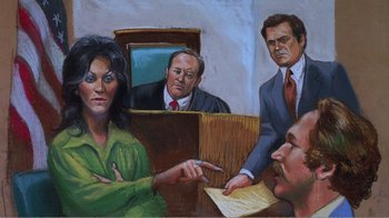 Movie still from “The Thin Blue Line” (1988), directed by Errol Morris – A painting of a man and a woman in a courtroom; Medium shot, Overhead angle