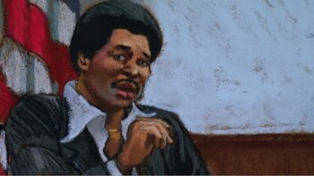 Movie still from “The Thin Blue Line” (1988), directed by Errol Morris – A painting of an african - american man smoking a pipe; Close Up shot, High angle