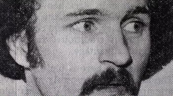 Movie still from “The Thin Blue Line” (1988), directed by Errol Morris – A black and white photo of a man's face; Extreme Close Up shot, Overhead angle